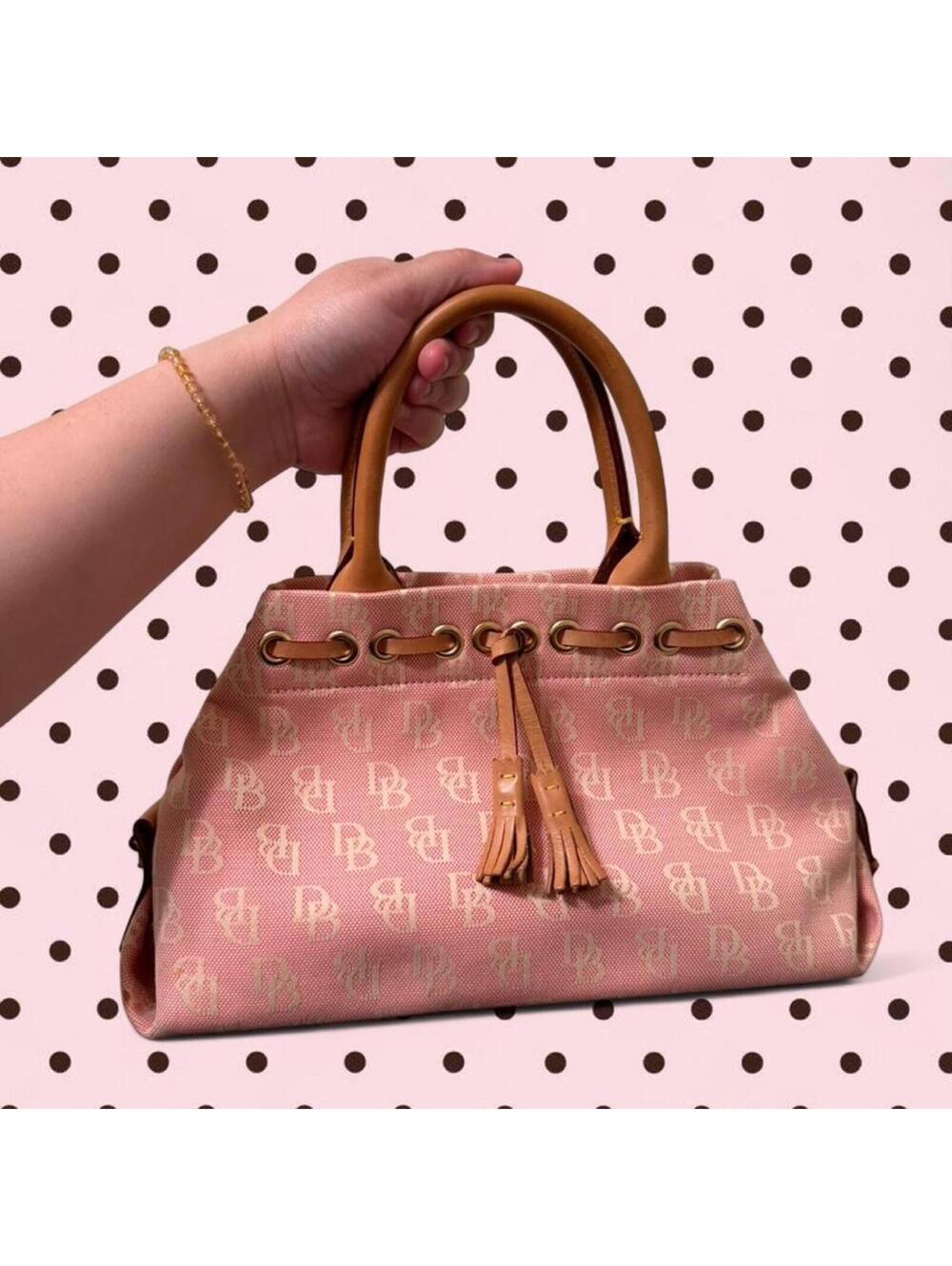 Dooney & Bourke Canvas Monogram Tote Bag with Tan Leather Handles & Tassel